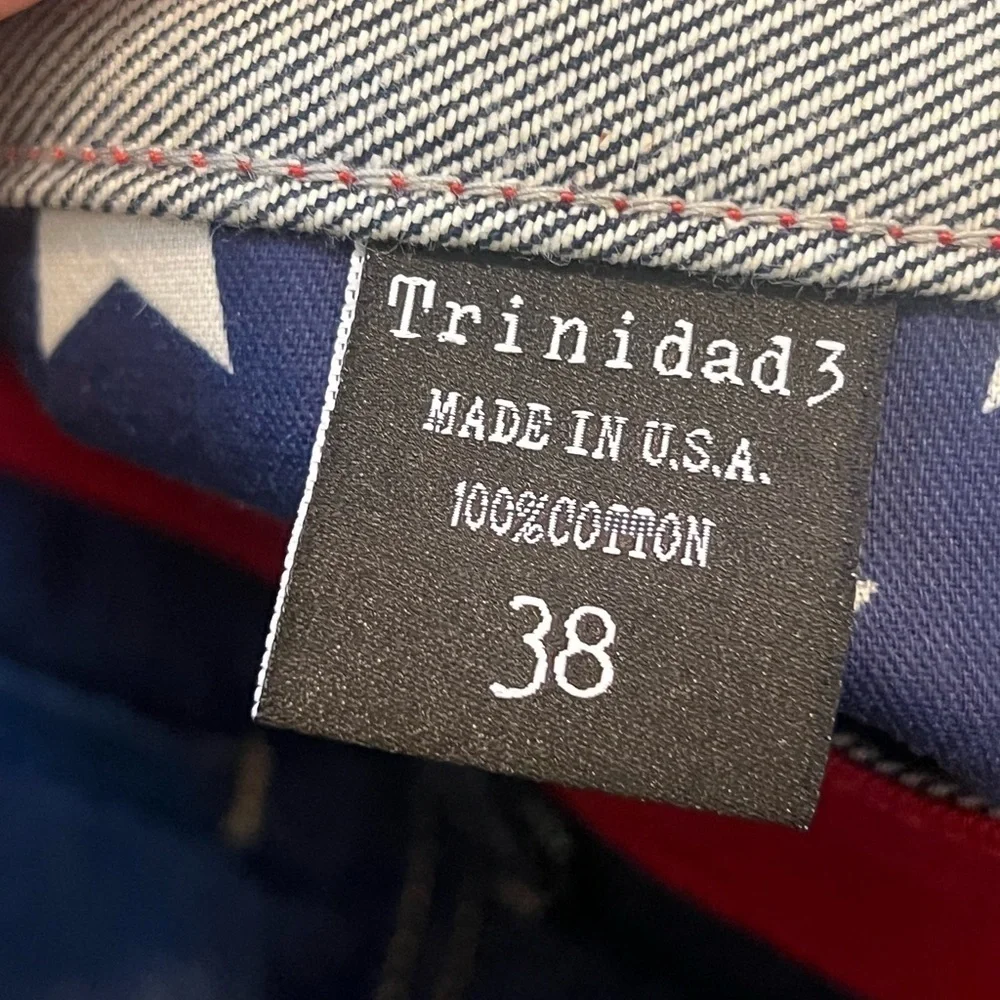 Trinidad3 - Men’s Dark Wash Jeans with Red Accents Straight Leg Waist 38